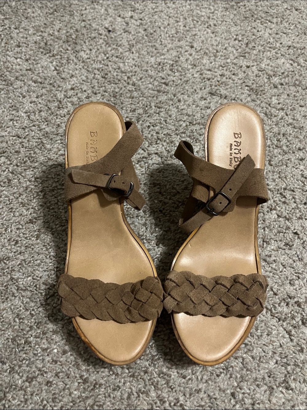 BAMBOO Brown Braided Suede Ankle Strap Sandals